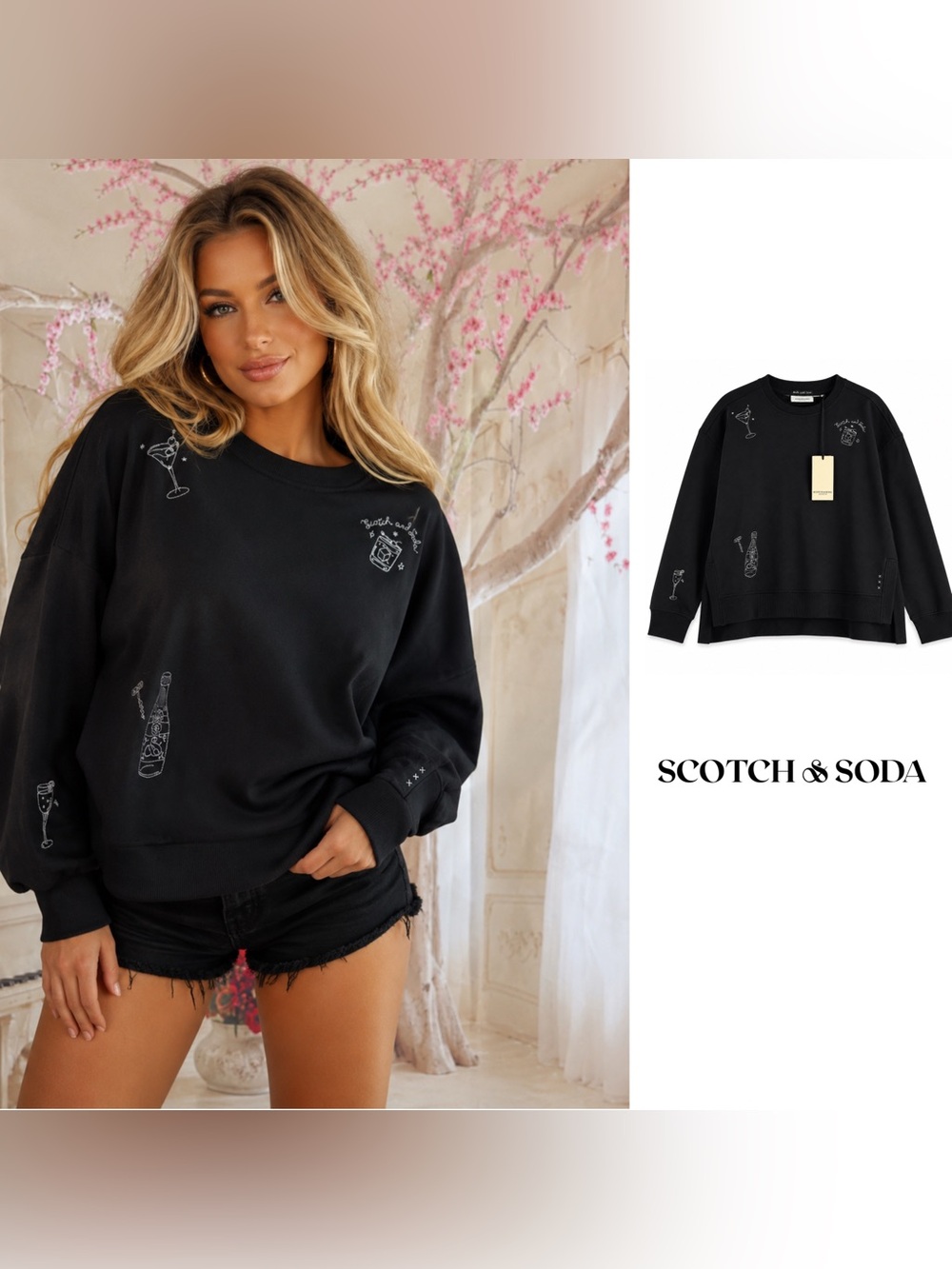 NEW Scotch & Soda Black Embroidered Cocktail Crew Sweatshirt